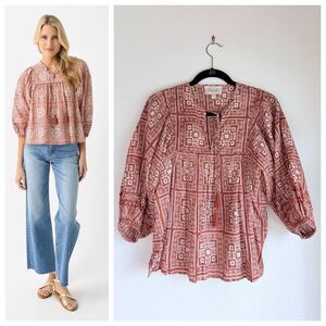 NEW Cleobella Justine Block Print 3/4 Puff Sleeve Blouse in Terracotta Sz Small